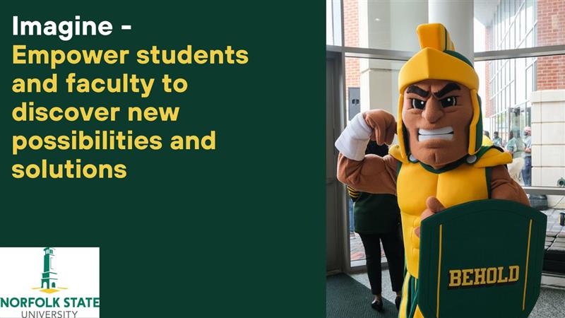 image of NSU mascott saying Imagine - empower students and faculty to discover ndew possibilities and solutions